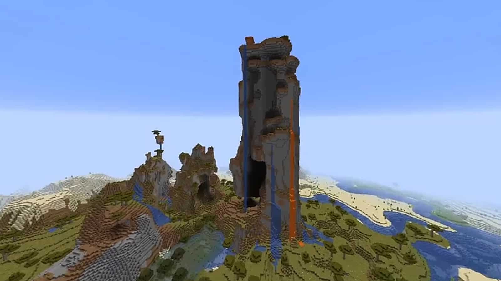 A village atop a pillar in Minecraft
