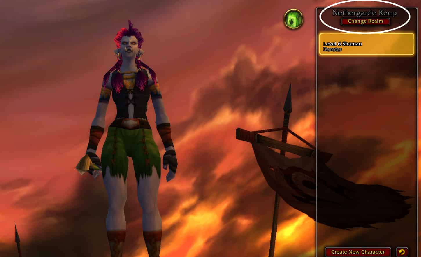 A Troll shaman in the WoW Classic character select screen, showing the server button