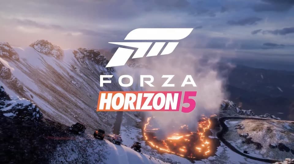 An official screenshot from Forza Horizon 5, featuring snowy mountains and the logo