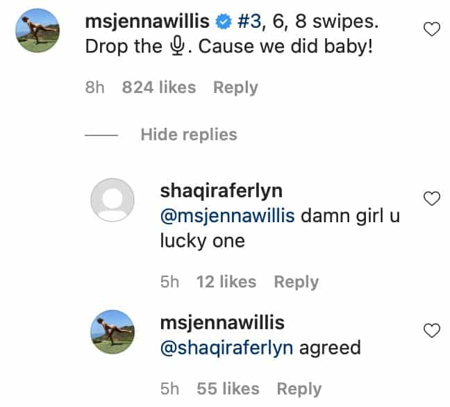 Jenna WIllis comments on Liza Koshy's Instagram post