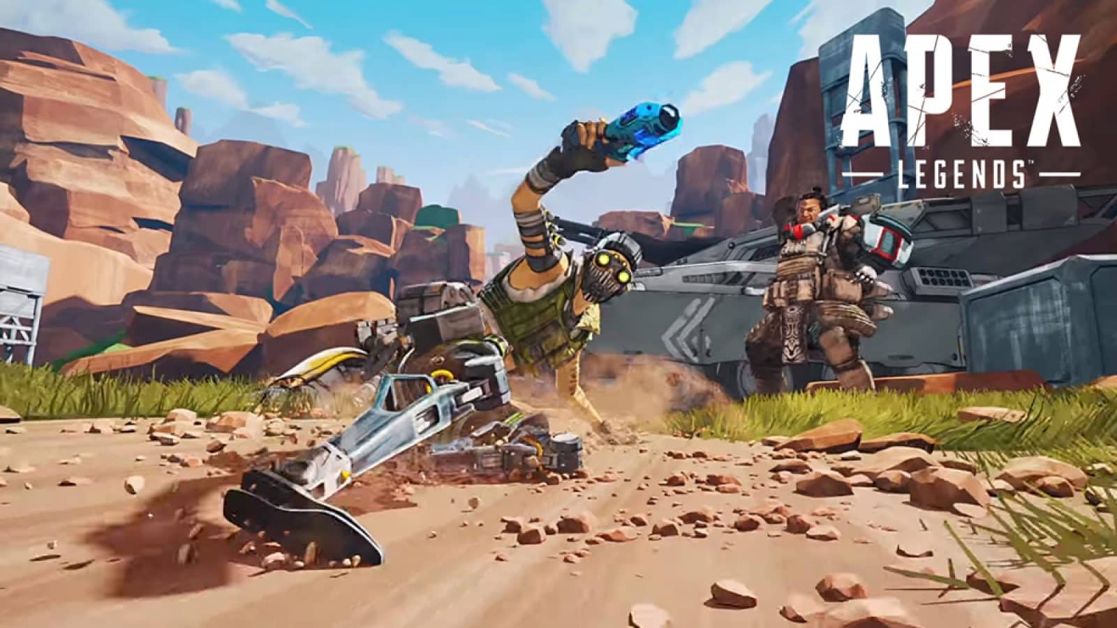 An apex legends character sliding down a moutain with weapon in hand