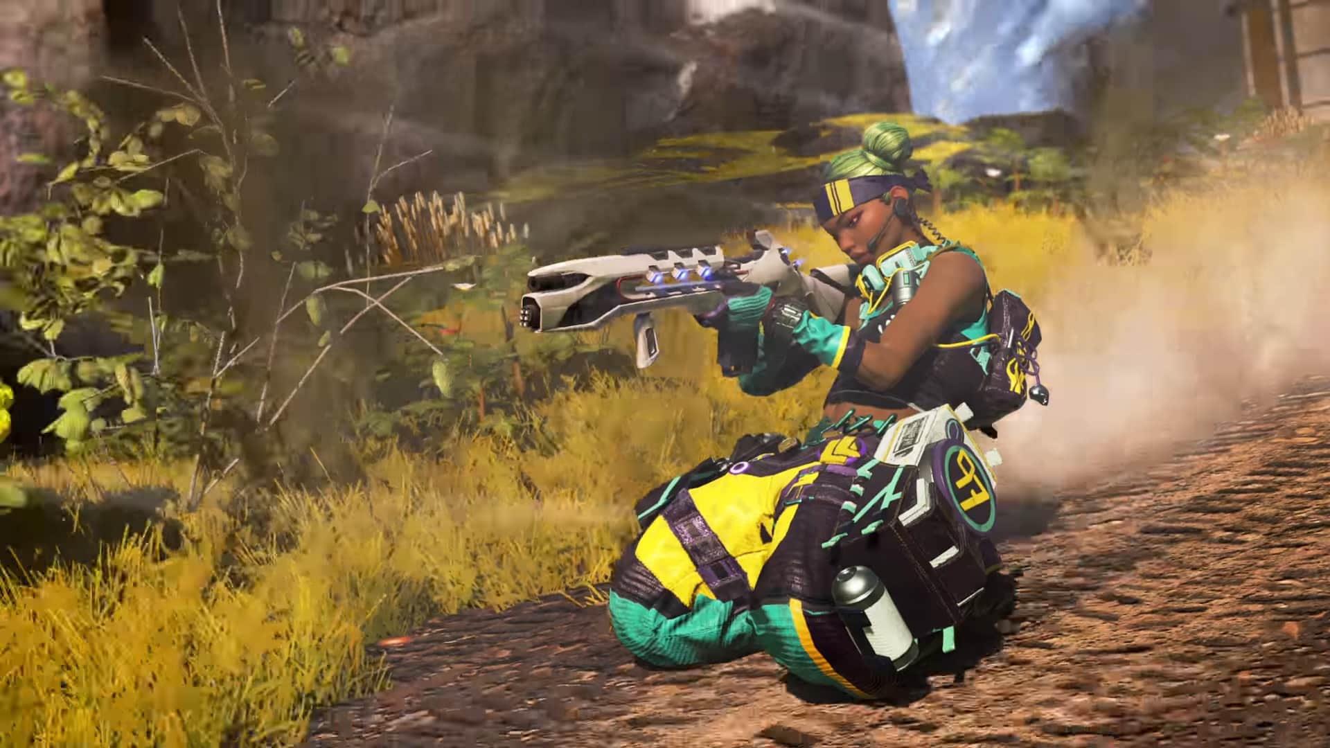 An apex legends character kneeling and firing their weapon