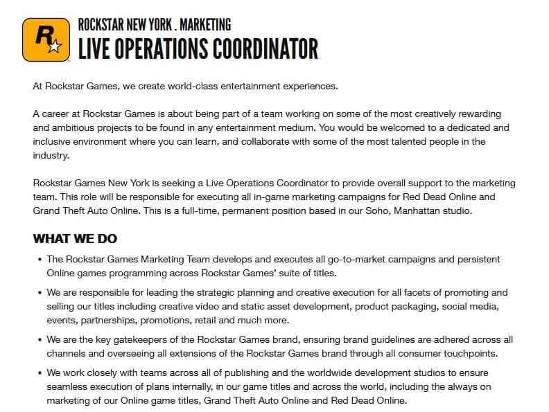 Rockstar Games job listing
