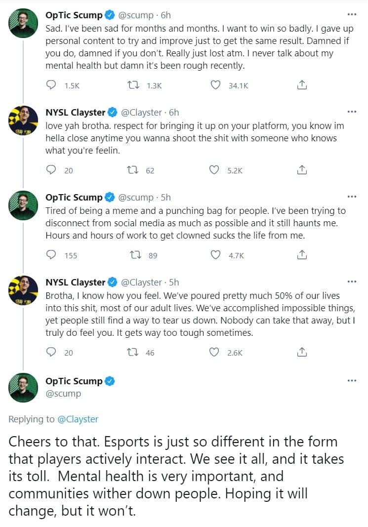 Scump and Clayster going back and forth on Twitter about mental health