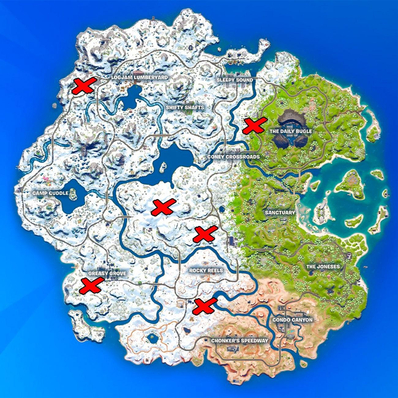 Chicken locations marked on the Fortnite Chapter 3 map