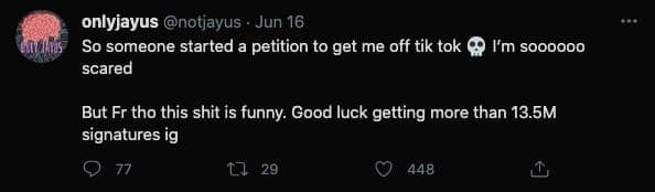 Tweet where Jayus called the petition to ban them from Tiktok was "funny"