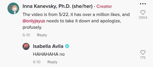 Screenshot of Tiktok comment where Onlyjayus replied "HAHAHAHA no" to a comment calling them to apologise.
