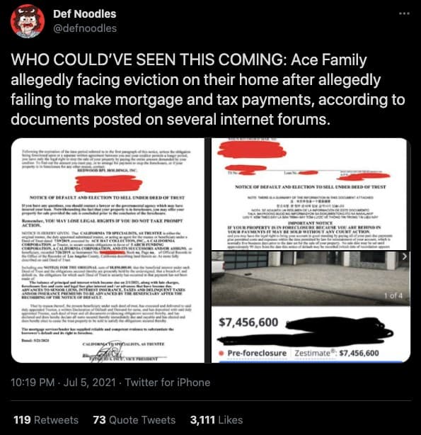 Tweet by Def Noodles showcasting documents that allege the Ace Family are losing their home