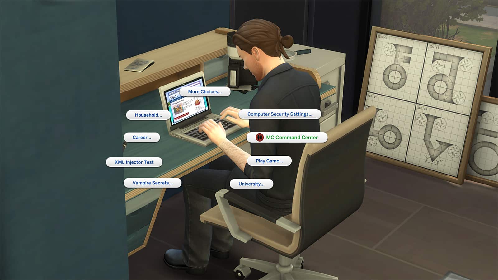 A screenshot showing the pie menu for MC Command Center in The Sims 4
