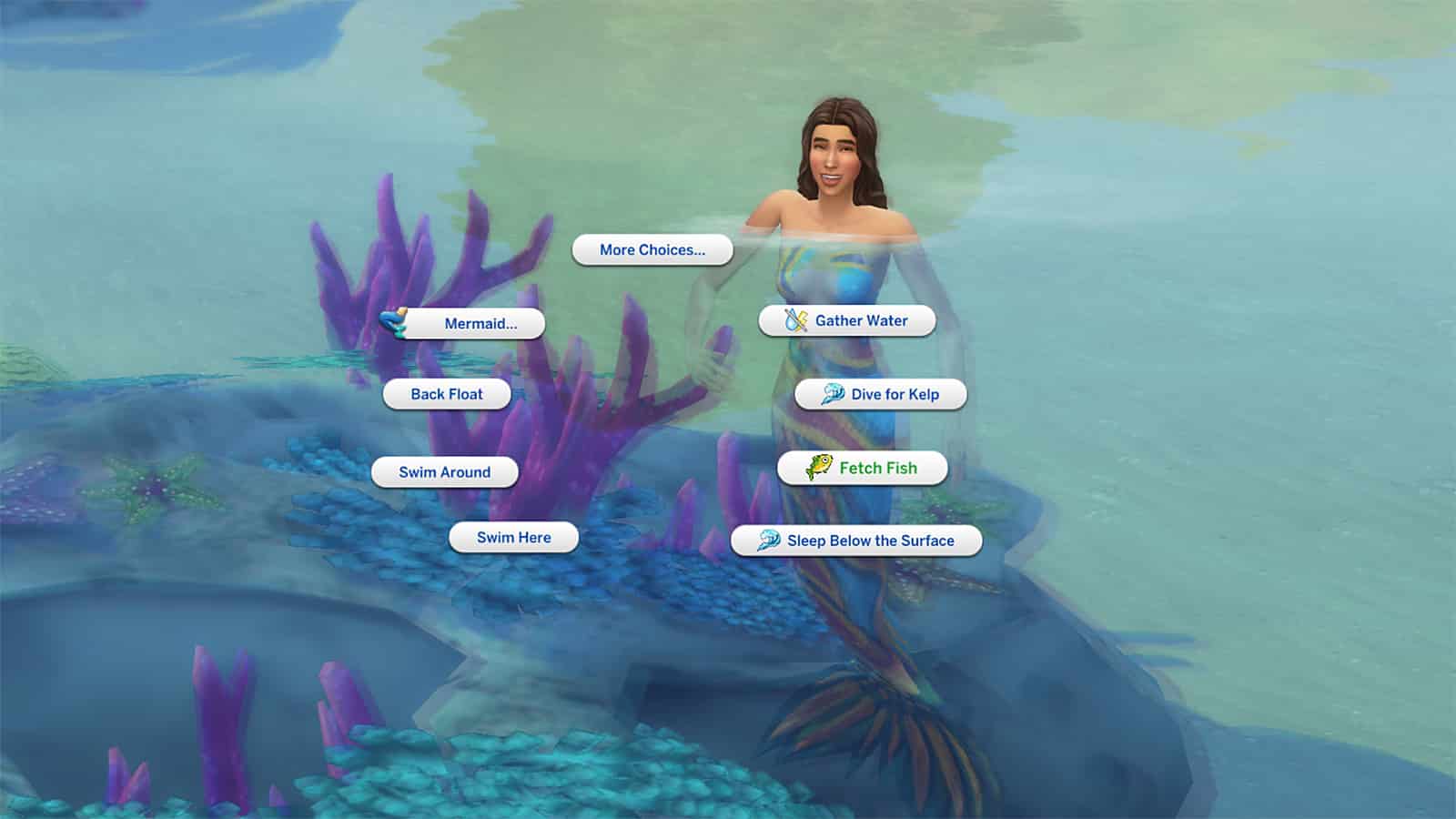 A screenshot of a Mermaid Sims, showcasing the Expanded Mermaids pie menu