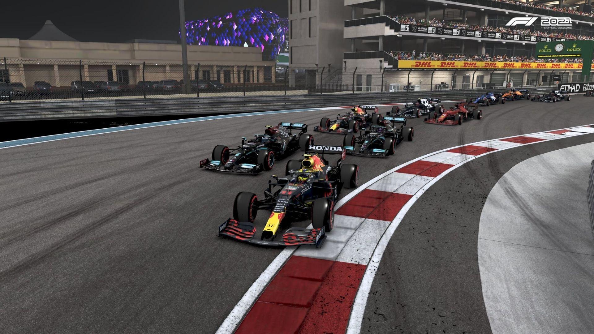 Red Bull and Mercedes cars at Yas Marina in F1 2021