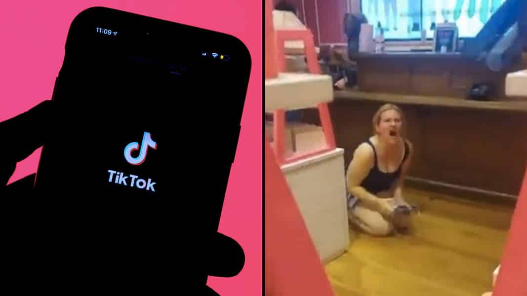 TikTok logo and a woman screaming from her knees