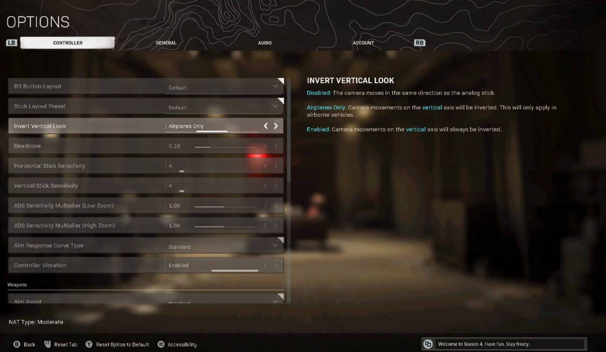 Warzone invert setting in menu screenshot