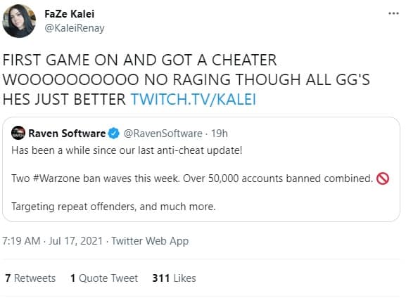 FaZe Kalei Warzone Hackers Tweet