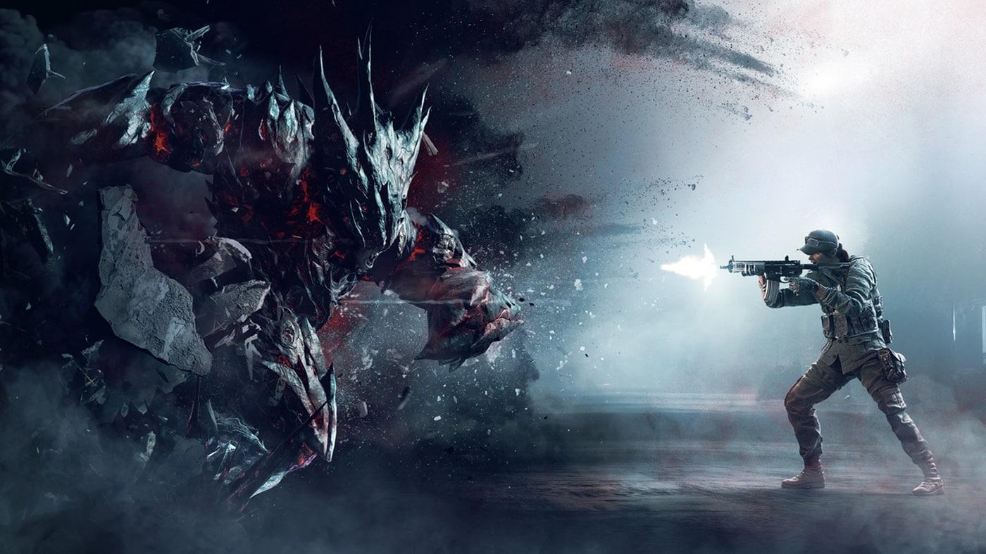 Rainbow Six Extraction key art showing an Operator fighting a huge monster
