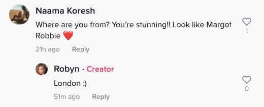Comment between Robyn and another TikTok user