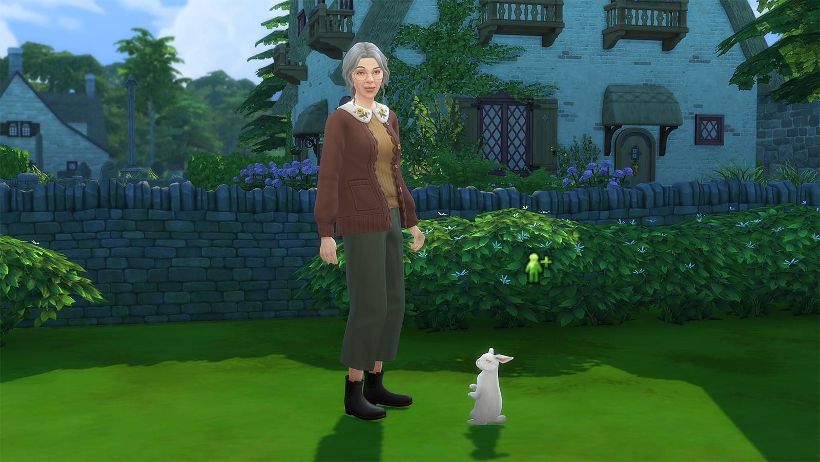 A Sim standing with a rabbit in Cottage Living