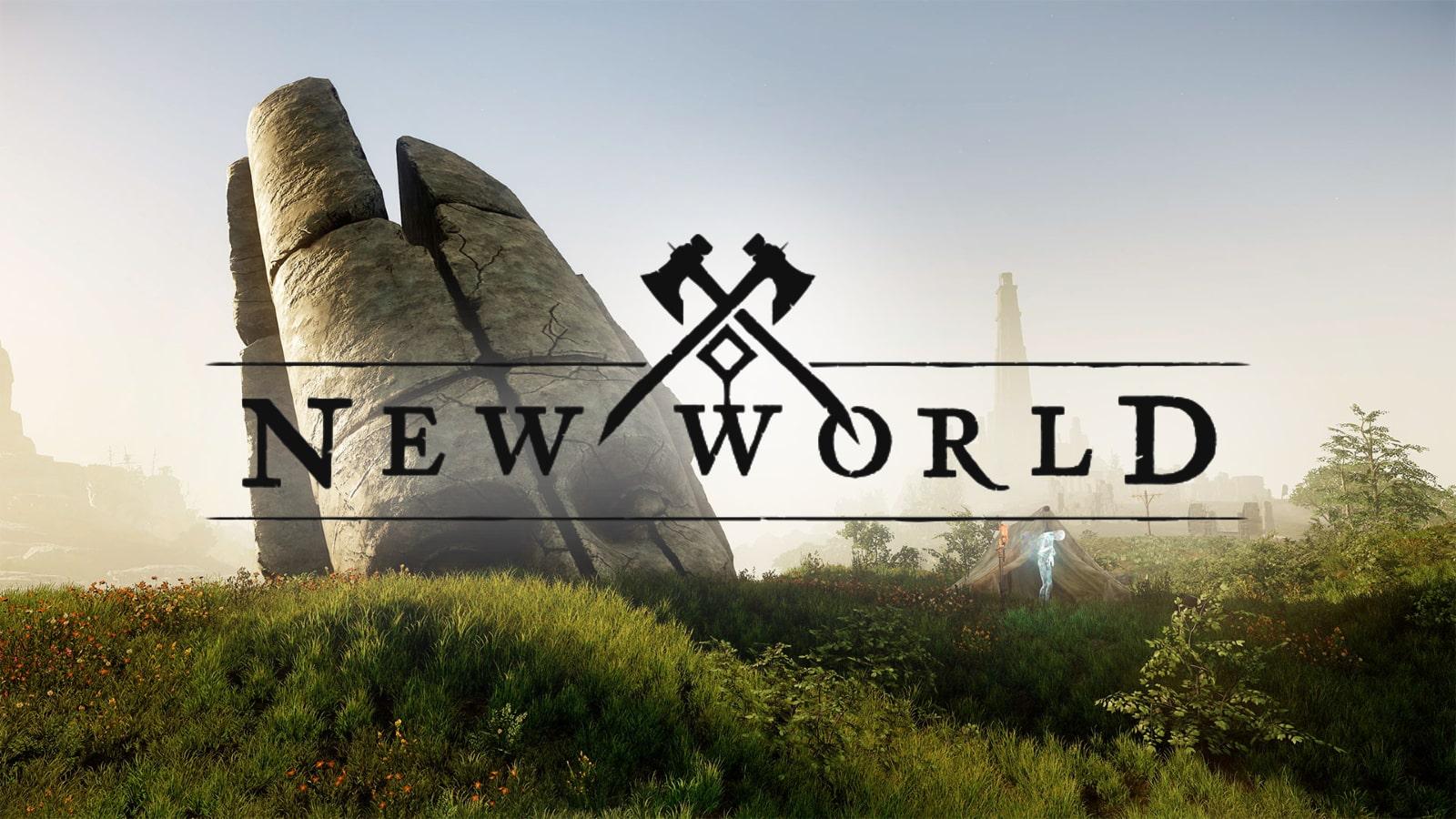 the New World game logo with an in game image of a field in the background