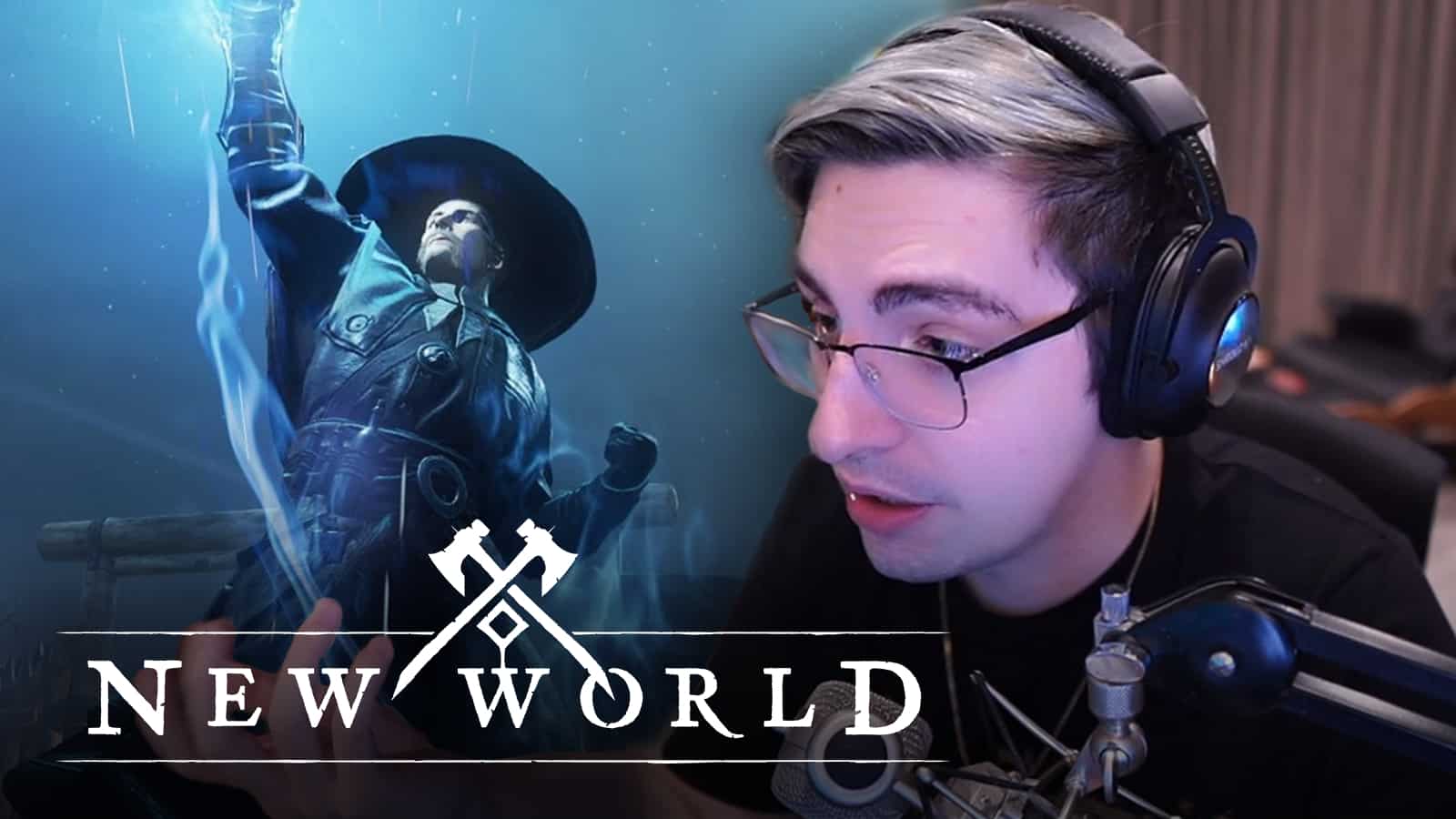 Shroud looks at New World logo in front of imagery from Amazon Studios new release.