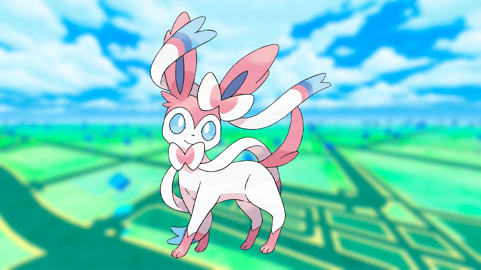 Artwork of Sylveon from the anime on top of a blurred background from Pokemon Go