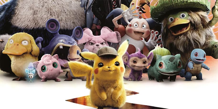 Detective Pikachu standing in front of cast of live-action Pokemon.