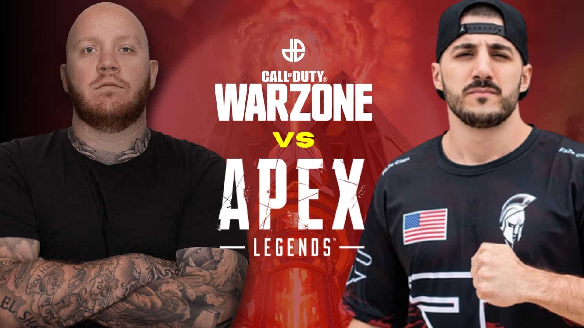 timthetatman and nickmercs with apex legends and warzone banner