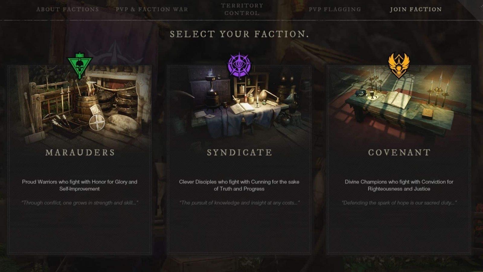The faction select screen in New World.