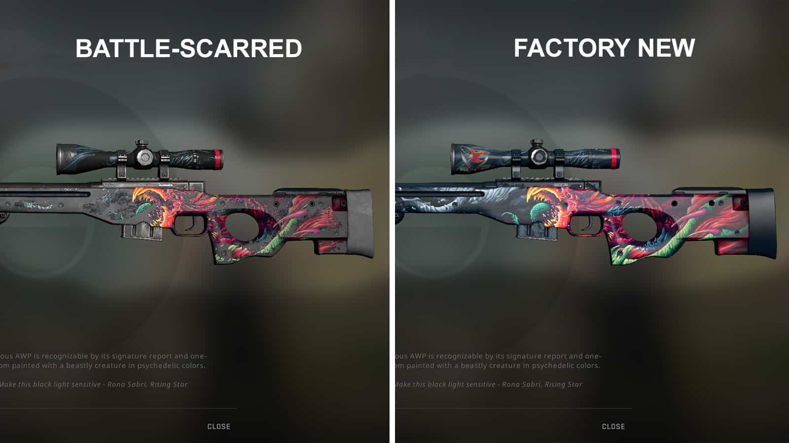 side by side battle-scarred and factory new counter-strike skins