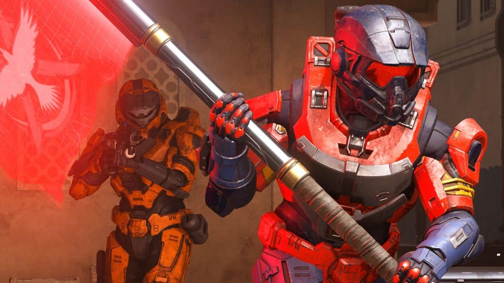 A red and orange soldier fight each other.