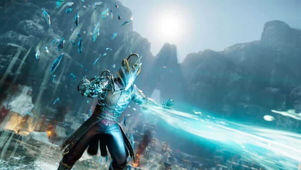 A mage user in New World attacking with the Ice Gauntlet
