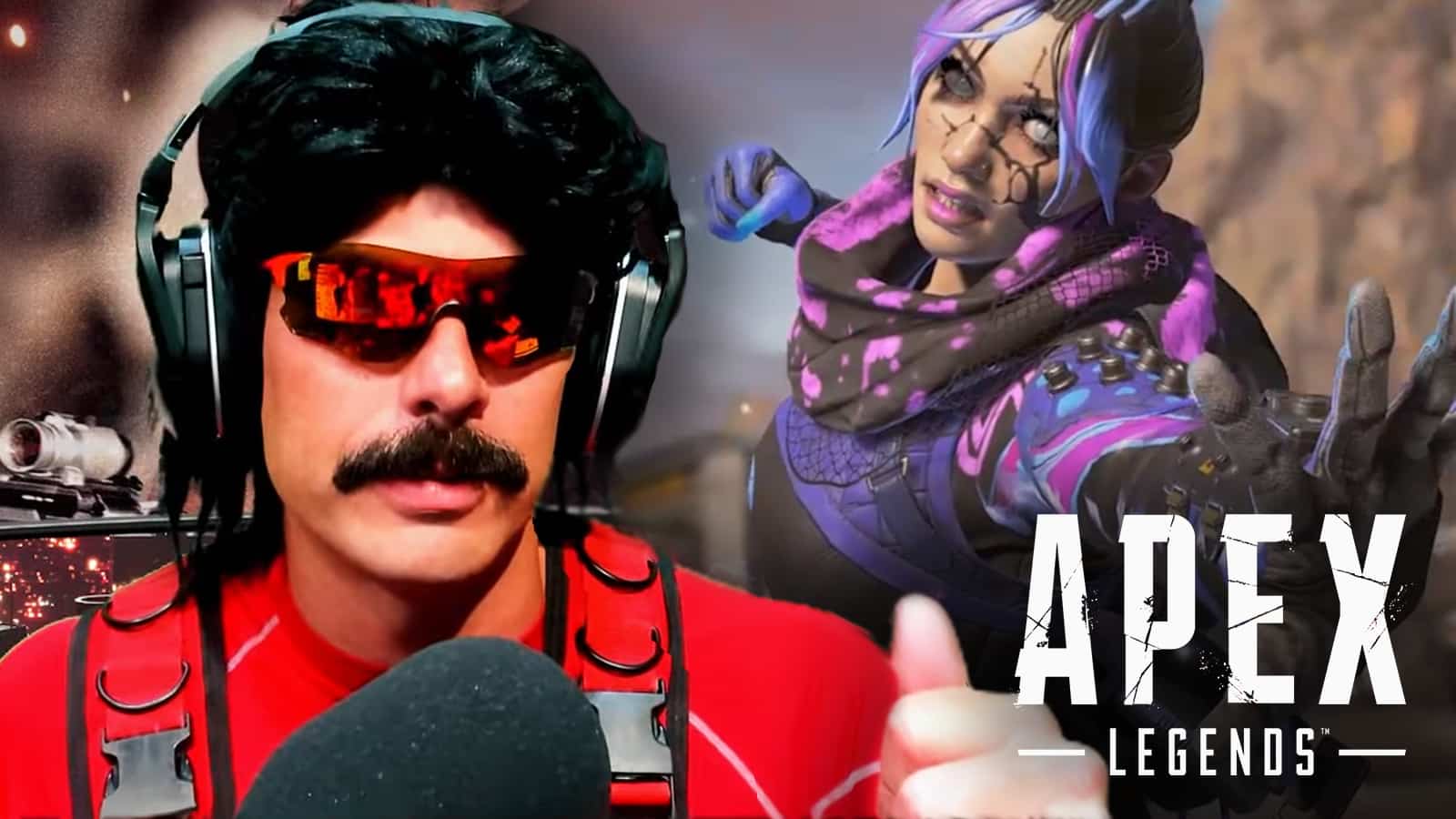 Dr Disrespect thumbs up next to Apex Legends Wraith character after YouTube rage outburst.