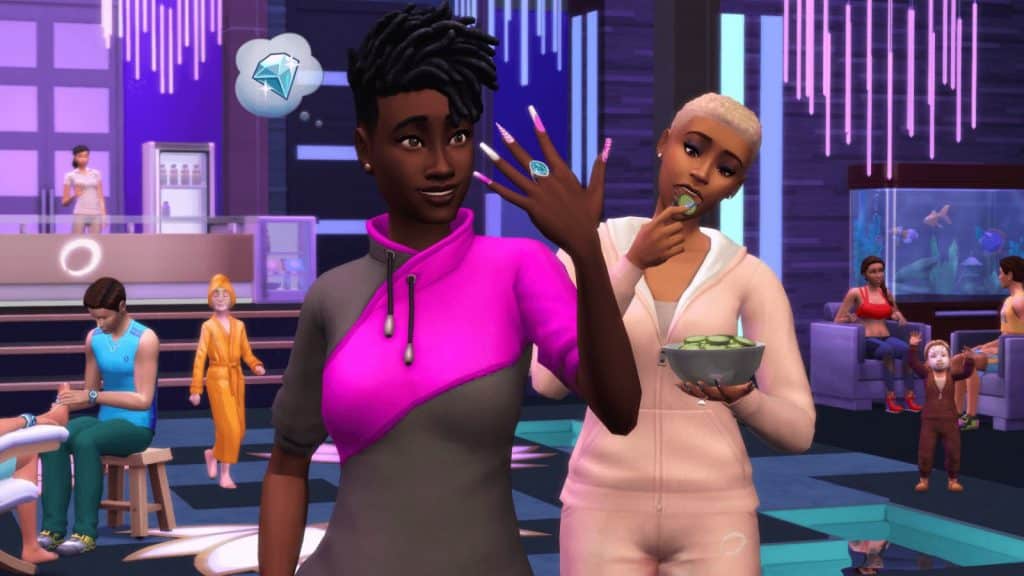 Image from Sims 4 showing two characters admiring their nails