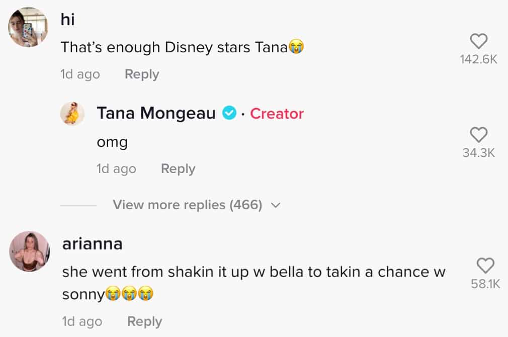 Tana Mongeau comments on her TikTok