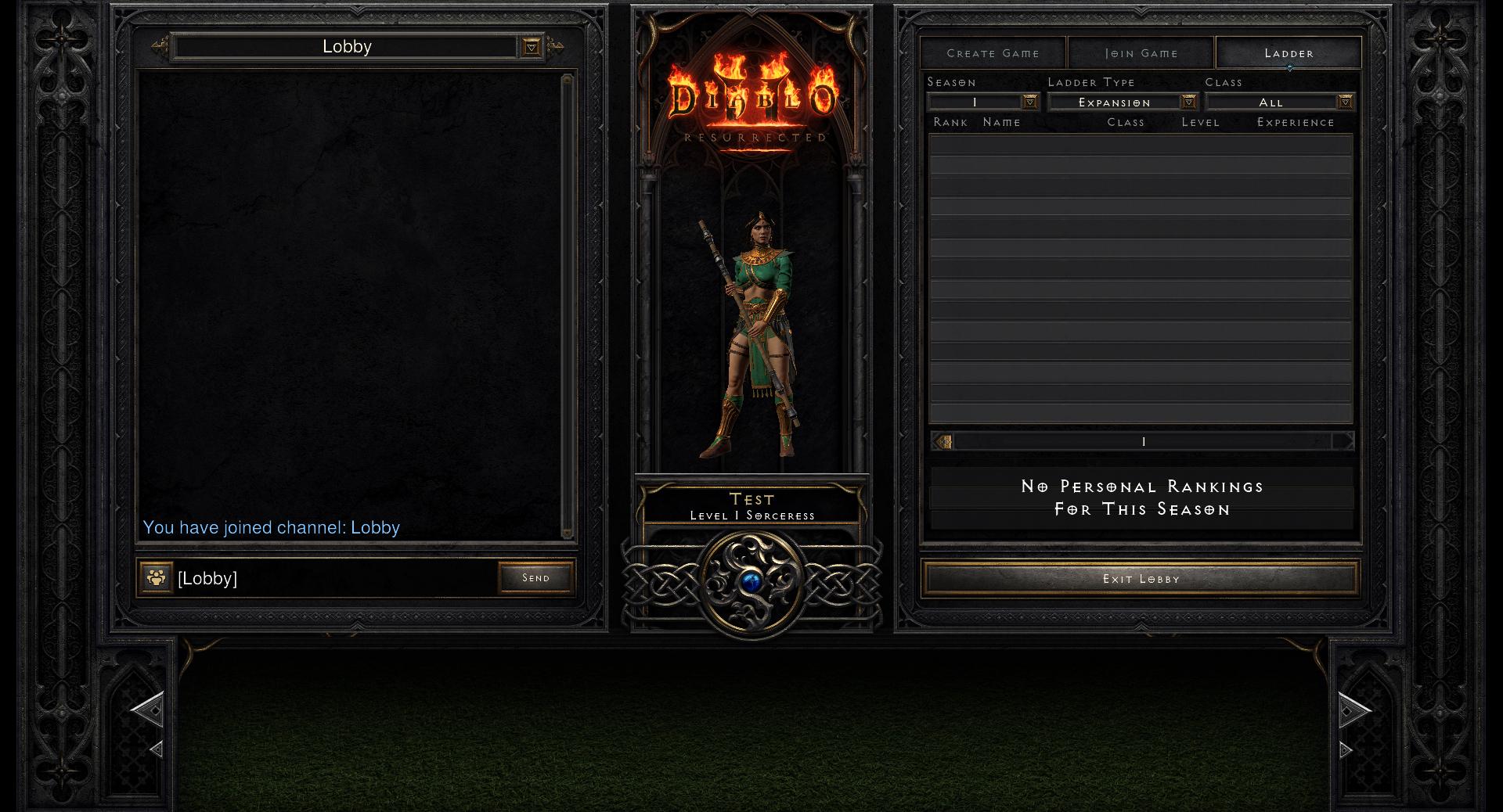 diablo 2 resurrected ladder menu screen with sorceress