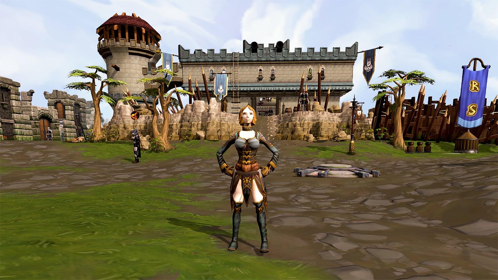 A player-character posing by a castle landmark in the free MMORPG, RuneScape
