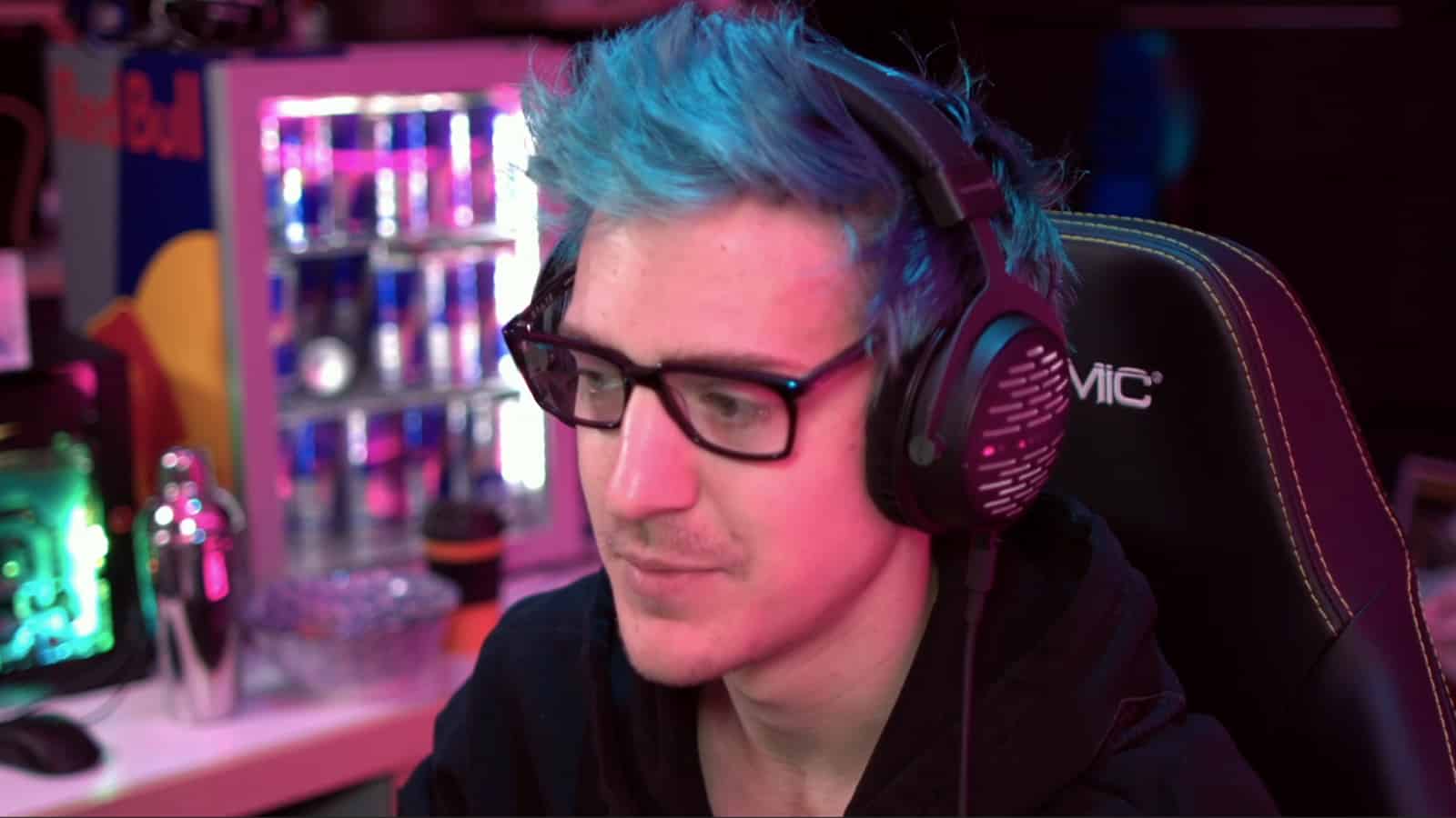 Ninja stares off-screen during a Twitch Fortnite stream.