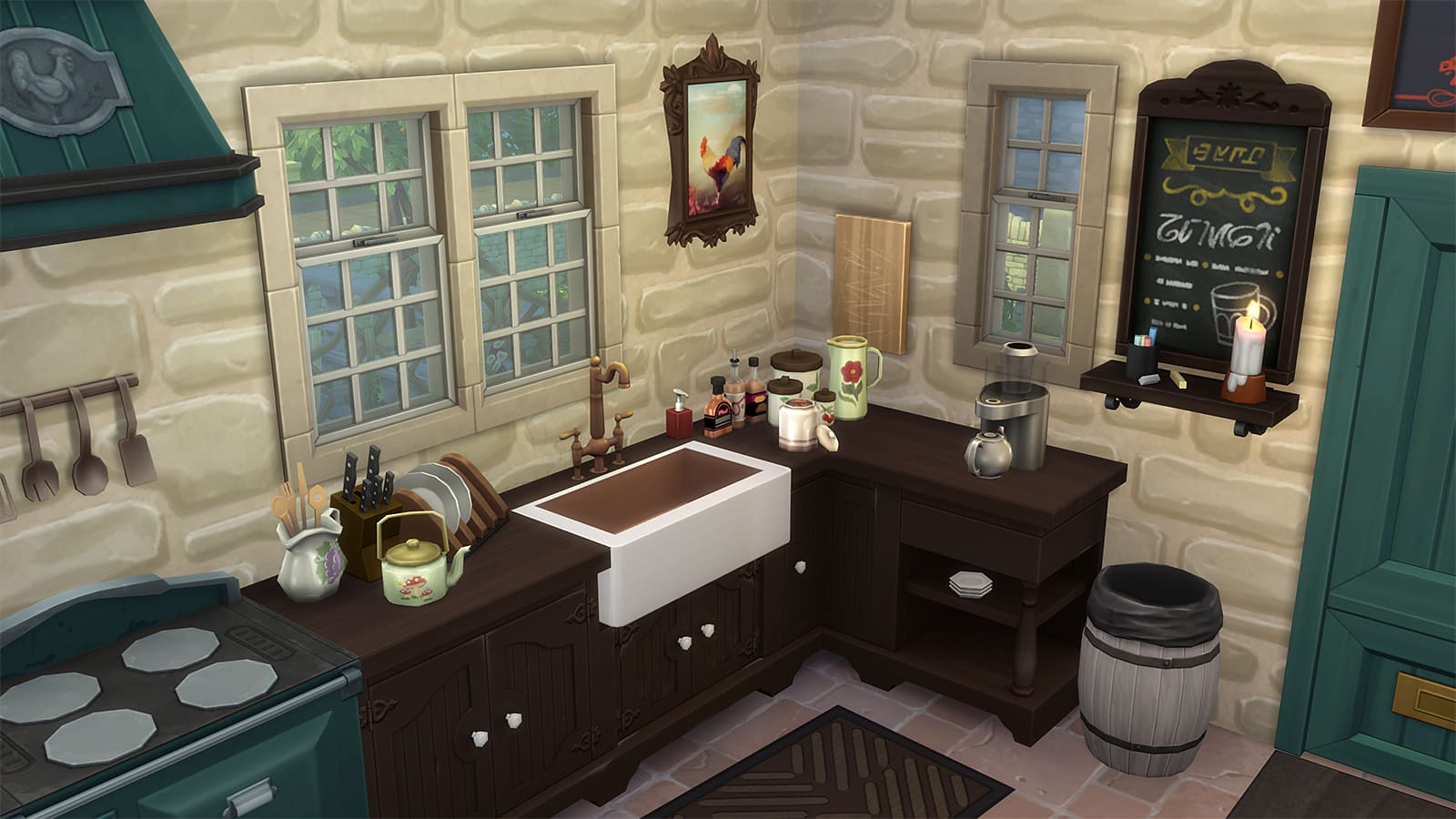 A kitchen in The Sims 4 using the OMSP shelf mod