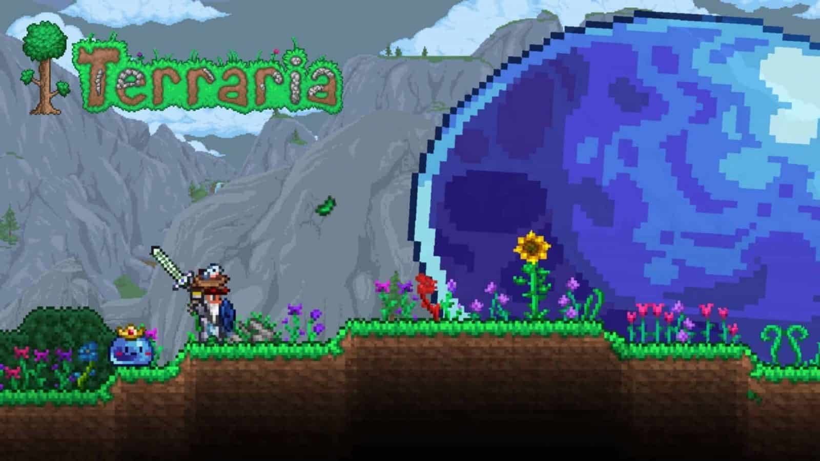 An image of Terraria gameplay with the logo in the corner