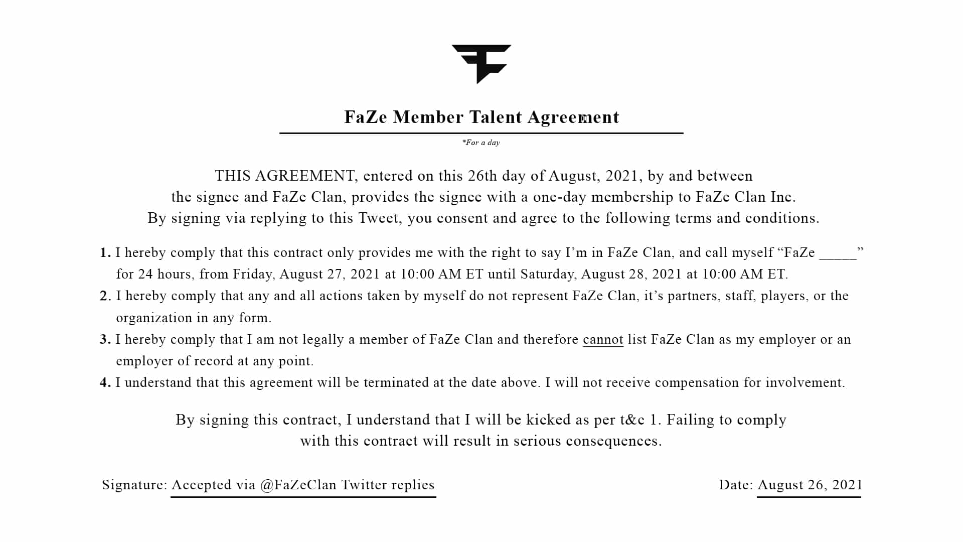 FaZe Clan day long signing terms and conditions
