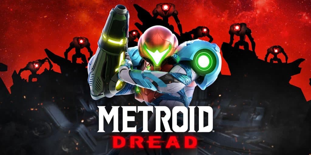Key art from Metroid Dread showing Samus looking at the camera with enemies behind her.