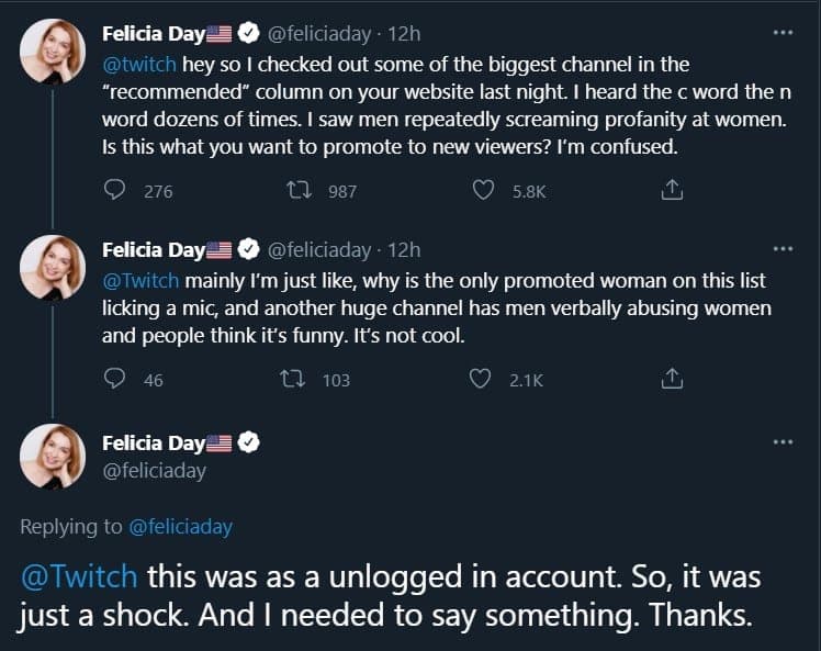 Screenshots of Tweet thread from Felicia Daty about Twitch