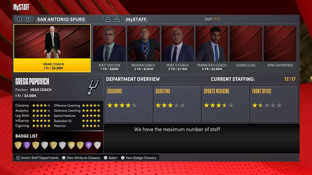 NBA 2K22 screenshot showing the staff menu