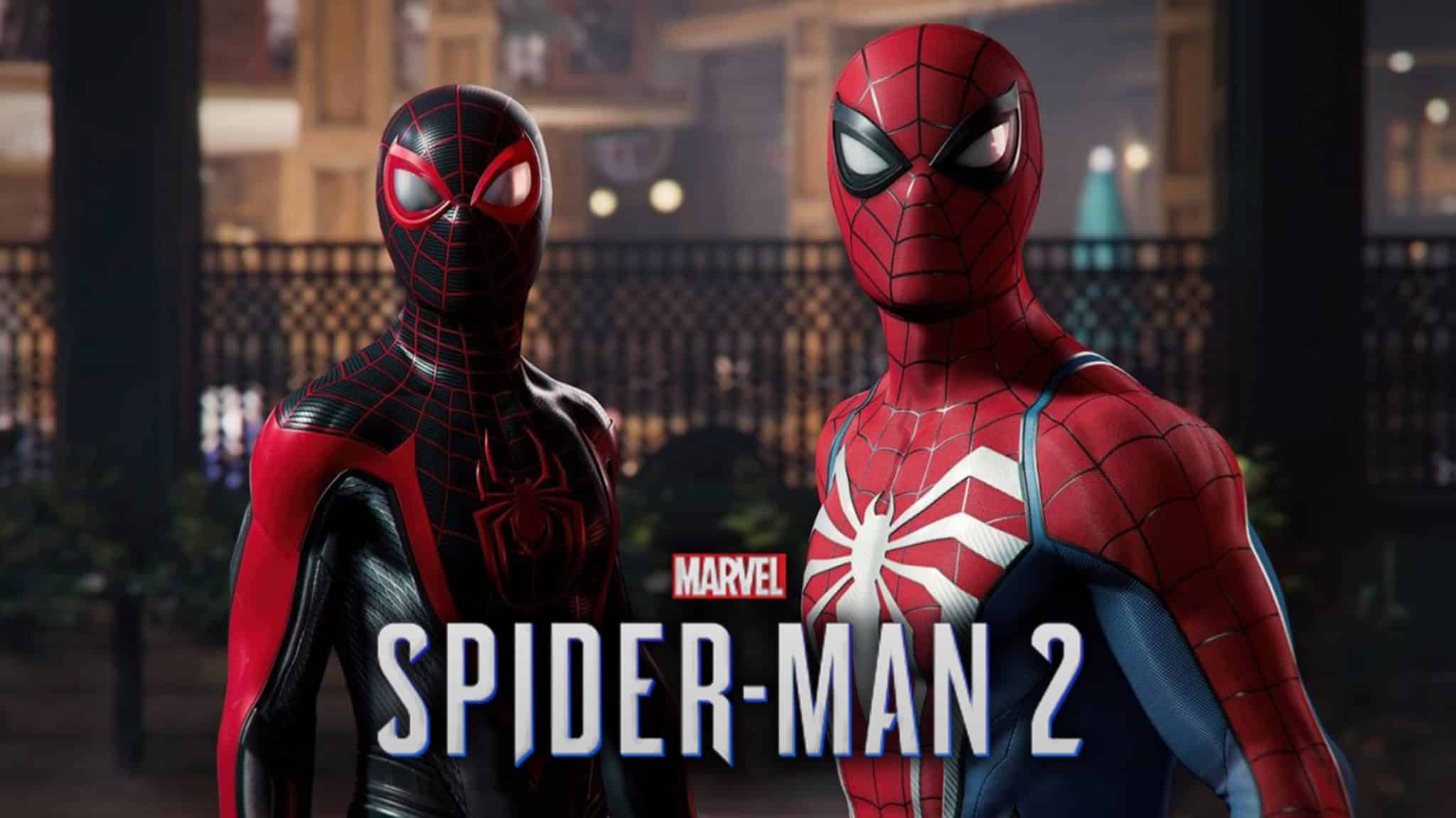 Peter Parker and Miles Morales with the Spider-Man 2 logo