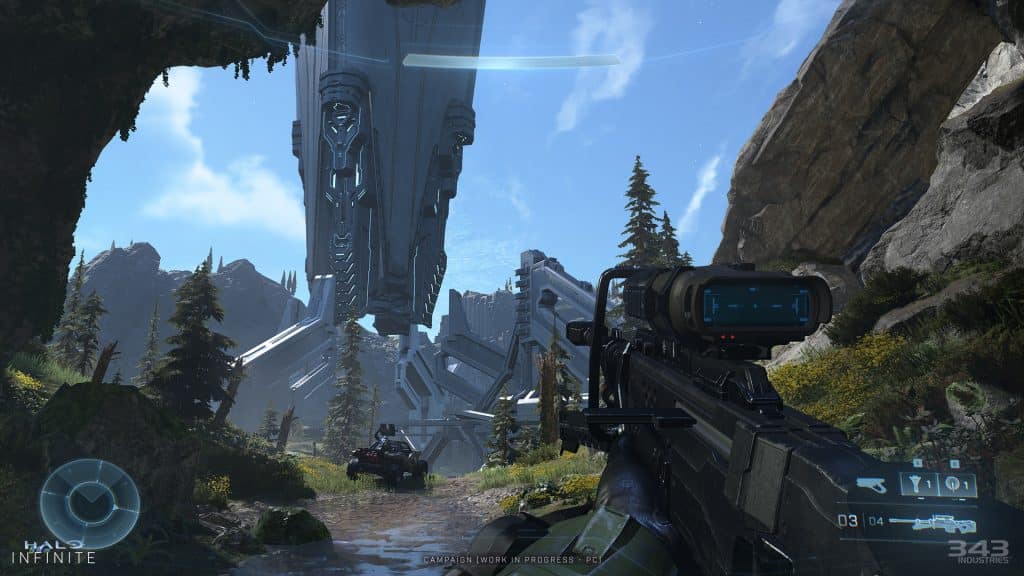 An image of a sniper rifle in Halo looking out into a forested area