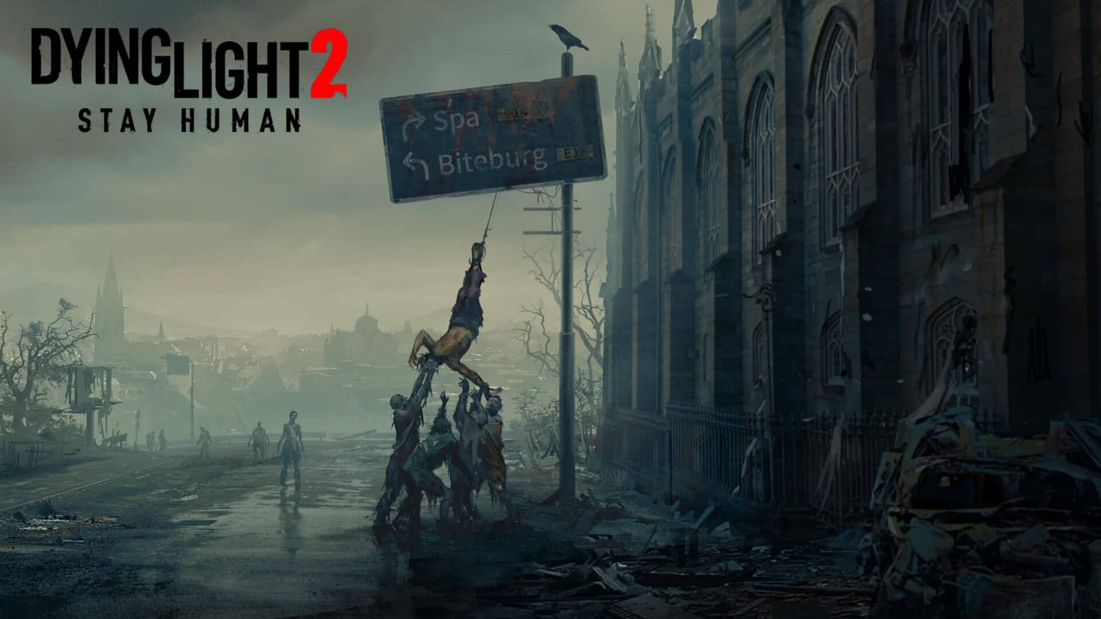 dying light 2 zombies eating a hanging body in a european city