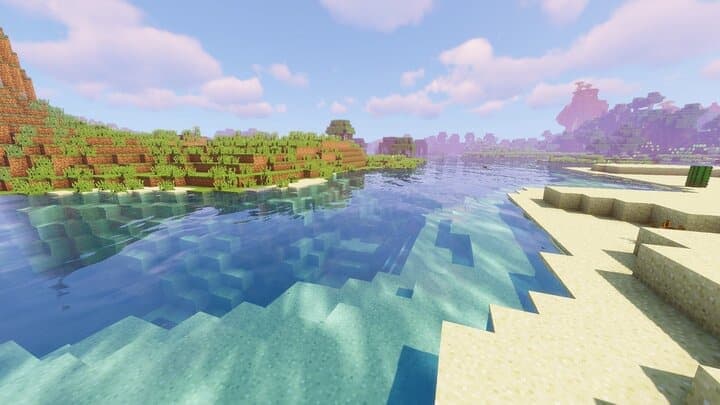 A sandy beach in Minecraft using a shader pack