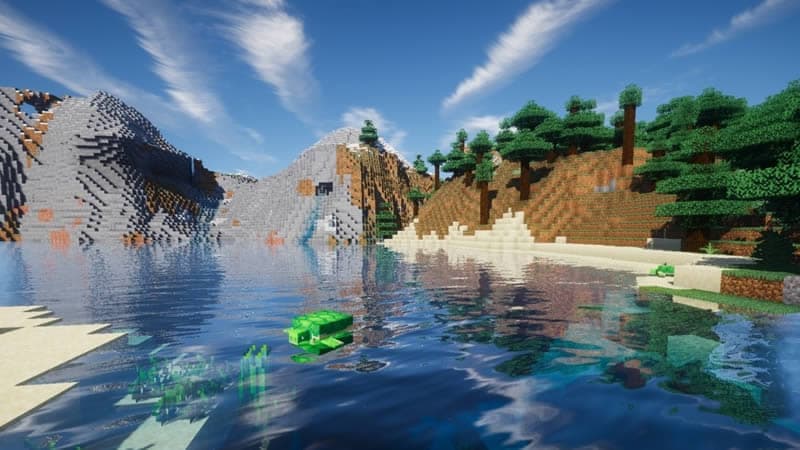 An ocean with cloudy blue sky in Minecraft using a shader pack