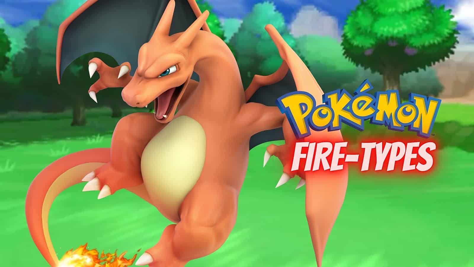 An image of Charizard with the Pokemon logo and 'fire type' in text