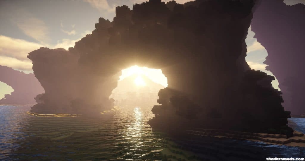 An ocean during sunrise in Minecraft using a shader pack  shaders for minecraft bedrock