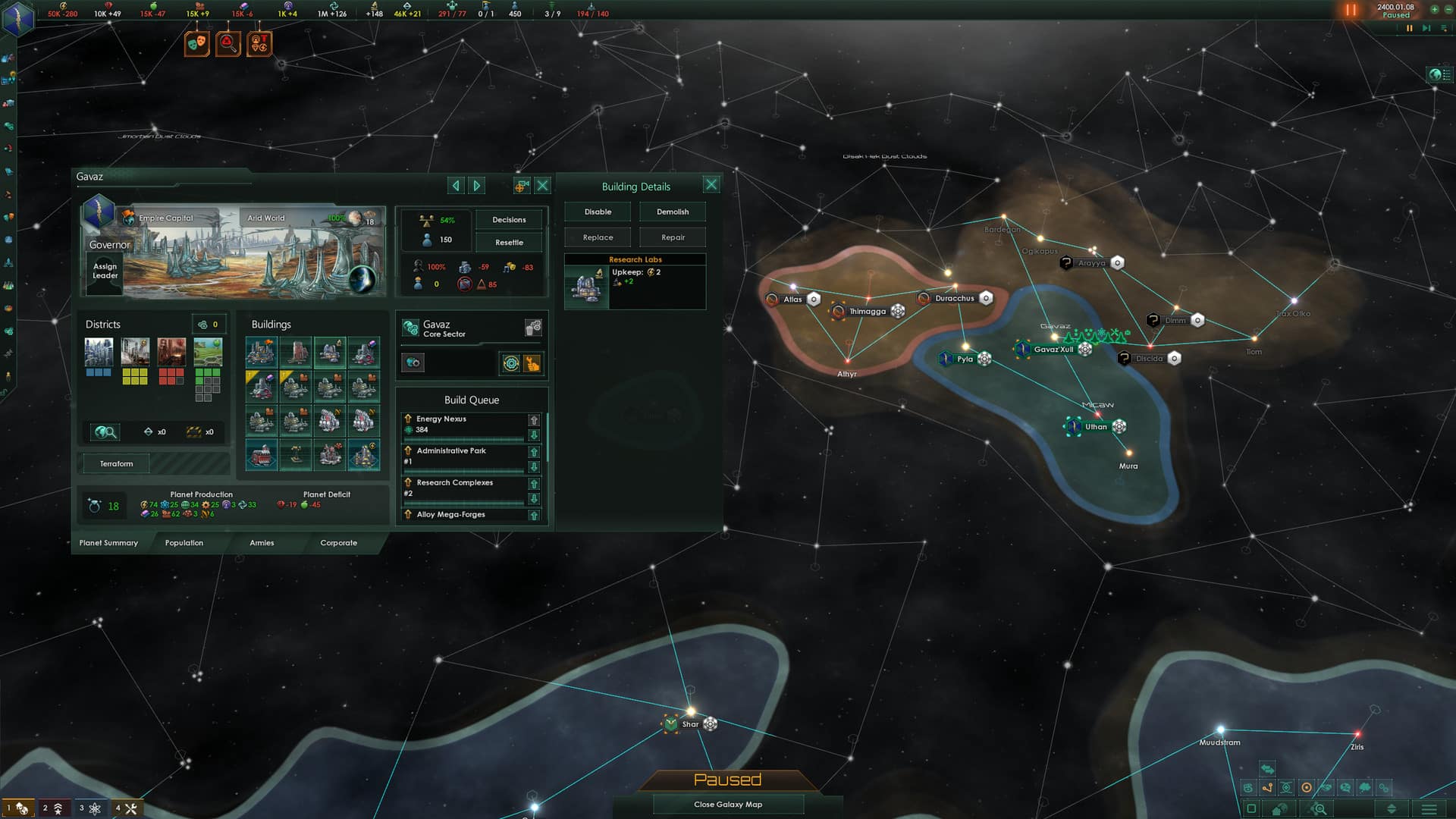 An image of gameplay from Stellaris with cheat codes